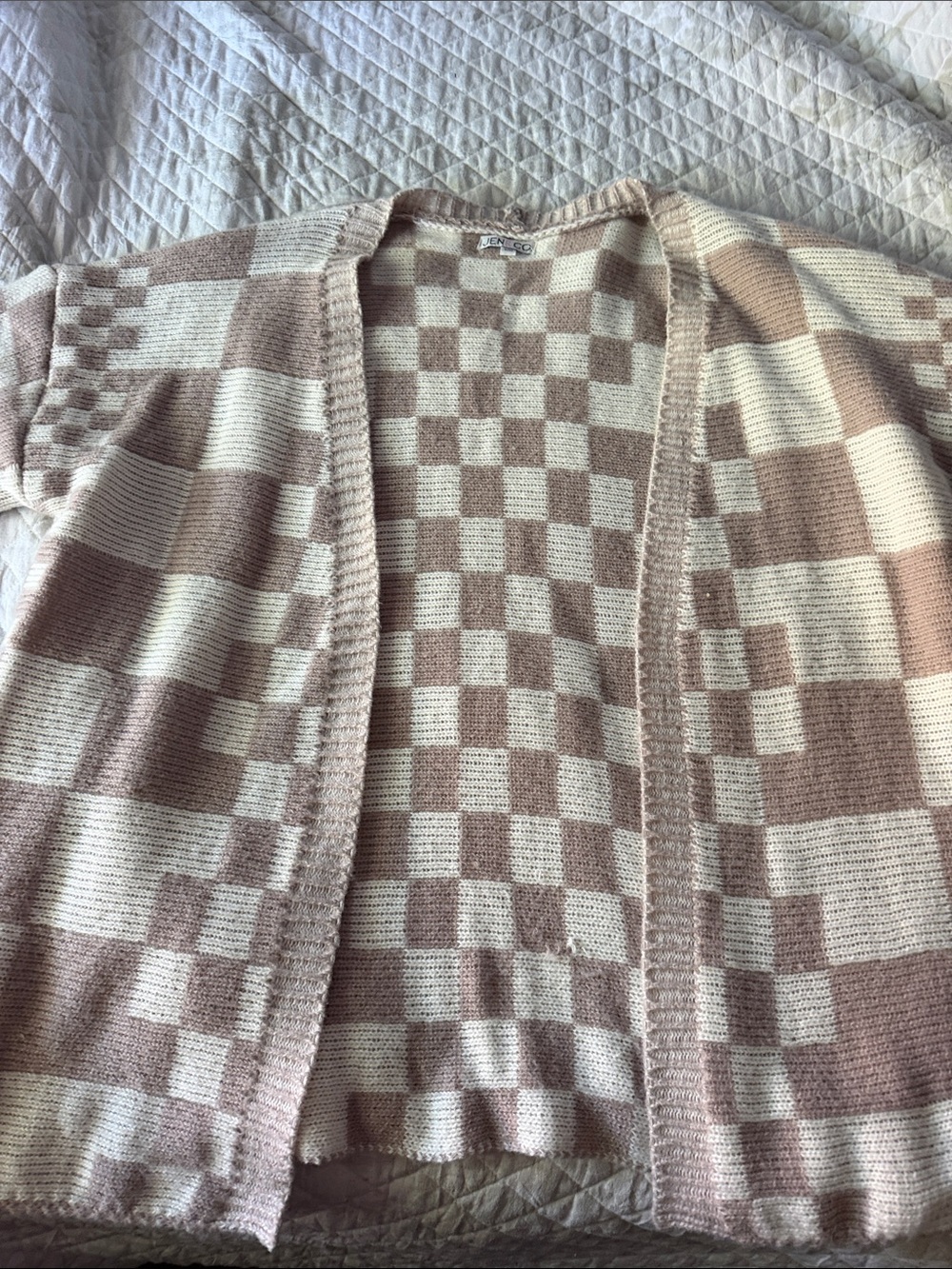 Checked Open-Front Cardigan - Cream & Light Brown